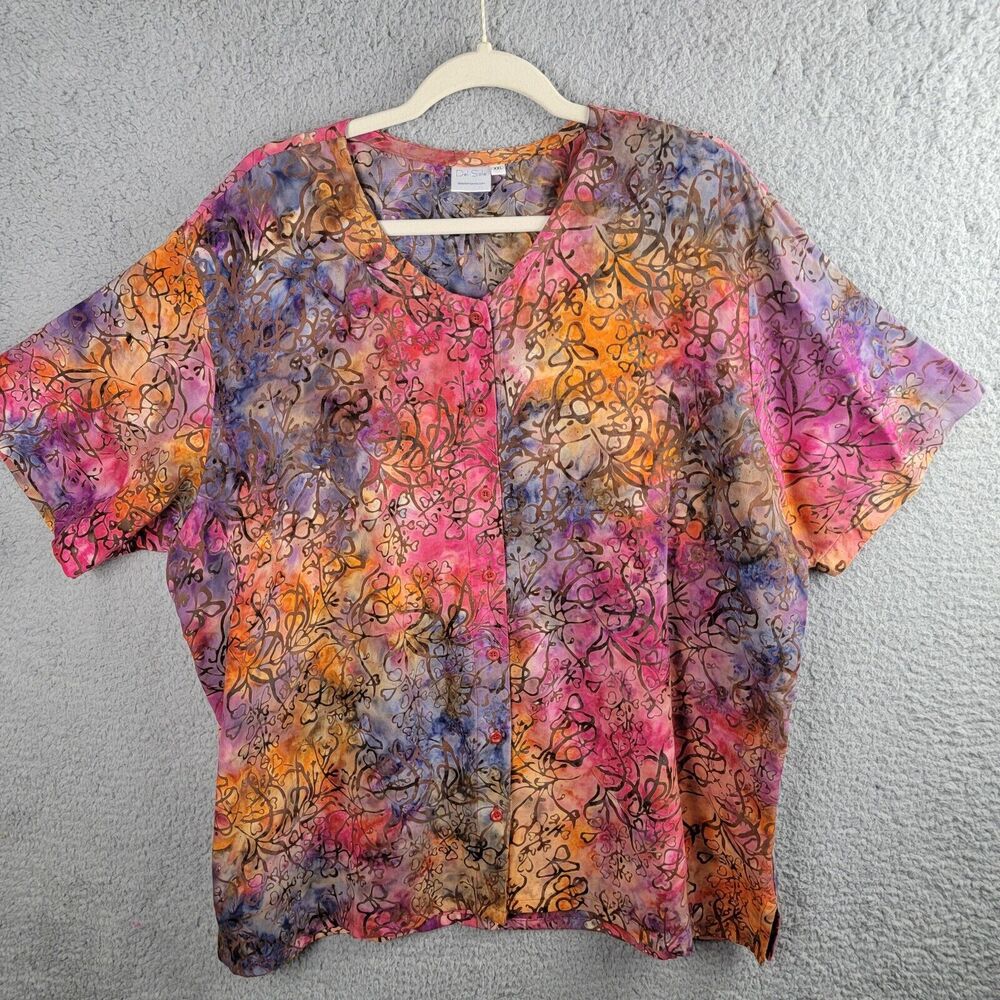 Del Sole Blouse Top Womens XXL Colorful Button-up Short Sleeve Boxy Floral Scoop